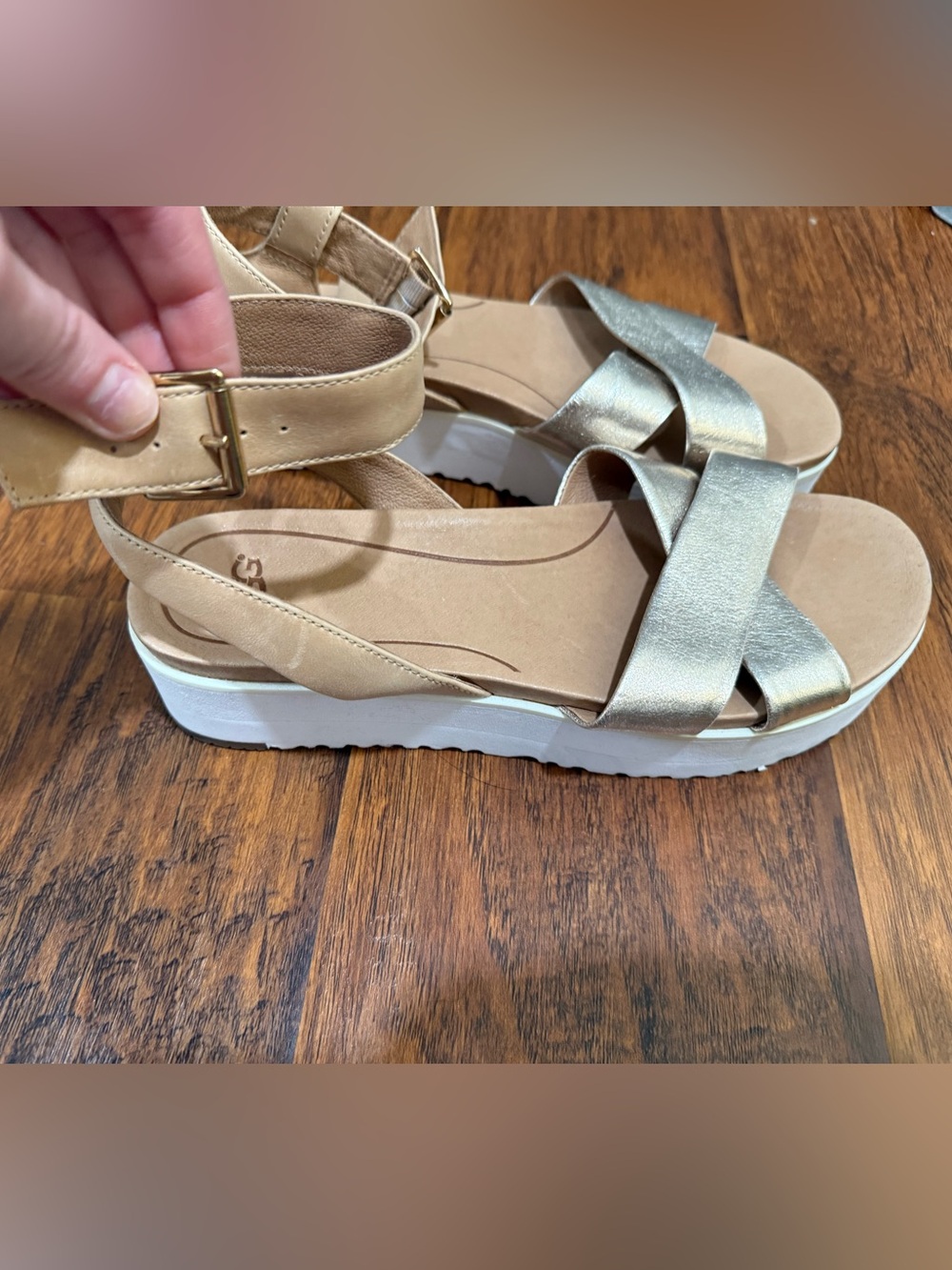 UGG Metallic Gold and Beige Platform Sandals